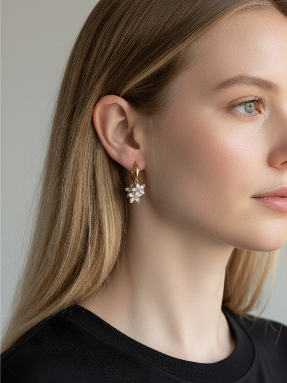 10/9 Gold Floral Crystal Drop Hoop Earrings - Women Jewelry